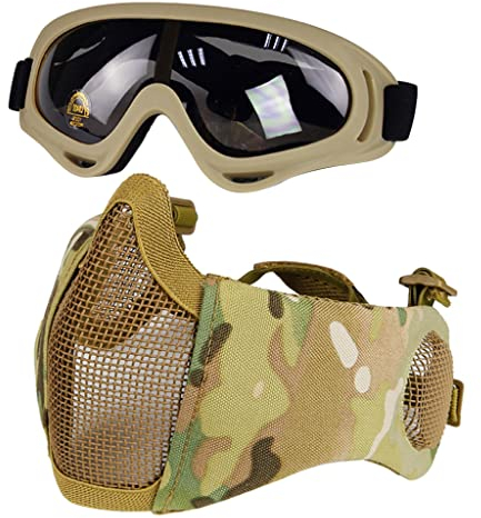 Hodeacc Airsoft Mask and Goggles Set,Half Face Metal Mesh Mask with Ear Protection,Airsoft Glasses Eye Protection for Outdoor Hunting CS Game (CP Mask)