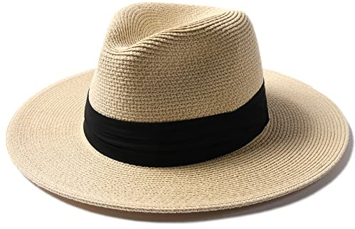 FURTALK Sun Hats for Women Men Adjustable Summer Panama Fedora Wide Brim UPF 80+ Foldable Packable Straw Beach Hat, Beige-Black Ribbon, L-XL