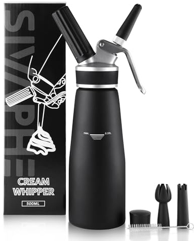 Sivaphe Professional Whipped Cream Dispenser Aluminum Grade Canister, Heavy Duty Cream Whipper Homemade Bliss, Portable Whipped Nitro Coffee Maker Black（8g Chargers Not Included)