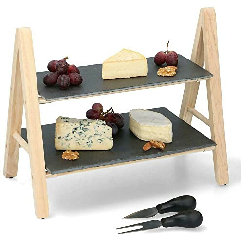 Vivo Technologies 2 Tier Wooden Slate Cake Stand Serving Display Board Wedding Afternoon Tea Tiered Serving Display Food Serving Tapas Sushi Appetiser Dishes Serving Tray Plates Platters