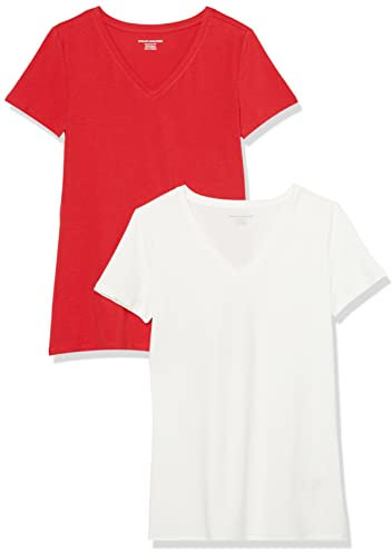 Amazon Essentials Camiseta de Manga Corta con Cuello en Pico y Corte Recto Mujer, Pack de 2, Rojo/Blanco, L