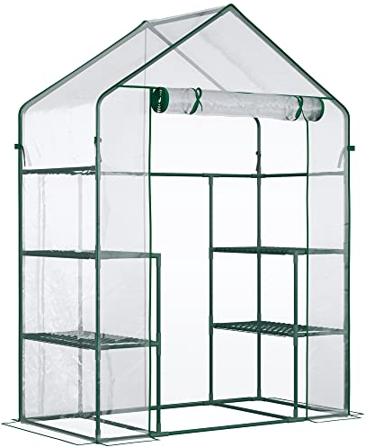 Outsunny Serre de Jardin avec étagère 4 Niveaux 142 x 73 x 195 cm Plastique Haute densité 140 g/m² Anti-UV avec Porte déroulante Transparent Vert
