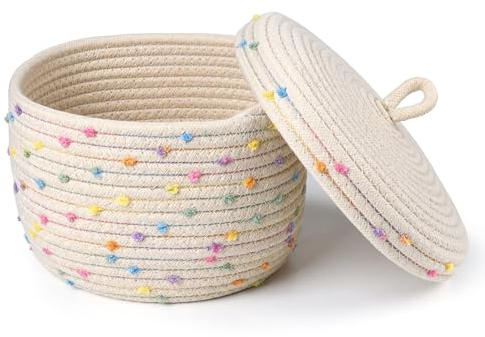 Winter Shore Cestino Portaoggetti con Coperchio - Cesta Bagno in Corda di Cotone per Organizzare Giocattoli, Fili, Accessori Bebè, Snack, Asciugamani - Color Crema con Pois Colorati 16 x 25 cm