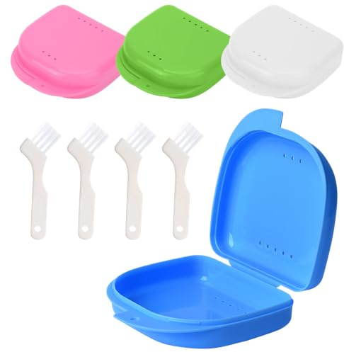 Jdacla® Pack 4 Cajas para Férula Dental + 4 Minicepillos de Regalo/Cajas de Ortodoncia Ventiladas de PP de Calidad/Cajas Invisalign de Diferentes Colores (ROSA/BLANCO/AZUL/VERDE)