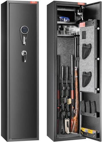 VEVOR 6 Cassaforte per Pistole, Cassaforte per Pistole Blocco Impronta Digitale e Tastiera Digitale, Armadietto per Fucili, Ripiano Rimovibile per Armi Lunghe e Pistole Domestiche