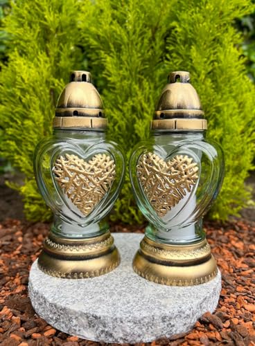 Lot de 2 lanternes funéraires avec motif cœur - Couleur or - Bougie funéraire - Décoration funéraire - Sans socle - Avec bougies