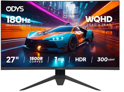 ODYS Q27-X Curved Gaming Monitor – 27 Zoll (69 cm) WQHD 2560×1440, 180Hz, 1ms MPRT, 1500R Curved VA Panel, HDR, 2× HDMI 2.1, 2× DisplayPort 1.4 – Gaming & Home Office Monitor