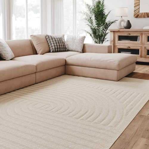 Interiyou Tappeto salotto pelo corto Lecce - 160x230 cm Crema - Stile boho scandinavo con effetto 3D alto-basso - Piatto con motivo geometrico