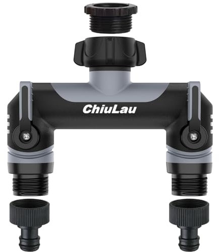 ChiuLau 2 Way Garden Hose Splitter, 3/4 Outdoor Faucet Splitter and Tap Connector, Garden Tap Adapter Hose Connector, Extended Handle Individual On/Off, for Outdoor Gardening(Gray)