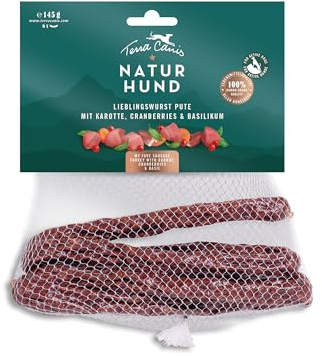 Terra Canis Lieblingswurst de Pavo con arándanos y albahaca - Naturhund, 145g I Salchicha secada al Aire Libre I Snack Premium para Perros 100% Human-Grade de Todos los Ingredientes