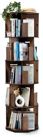 vigowood Rotating Corner Bookshelf, 5-Tier Space-Saving Bookcase for Living Room, Bedroom & Home Office – Walnut