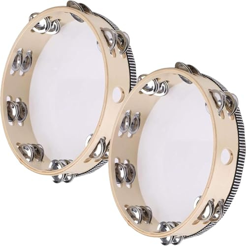2 Pack 6 Inch Tambourine, Wooden Tambourine,Hand Held Percussion Drum with Ergonomic Handle Grip for Kids Adults Classroom Gift Party, Percussion Musical Instrument for Rhythm Learning, Performance
