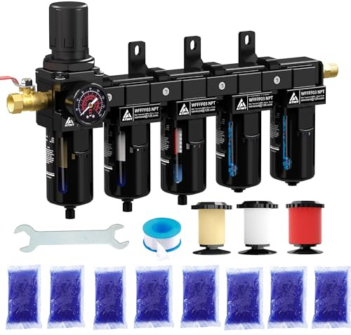 ATINY 3/8'' NPT 5 Stage Air Dryer for Compressor, 5 &0.5 &0.01 Micron Filter Cartridge Air Drying System,Double Desiccant Dryers & Air Regulator,Metal Bowl, Semi-Auto Drain,Industrial Grade-Black