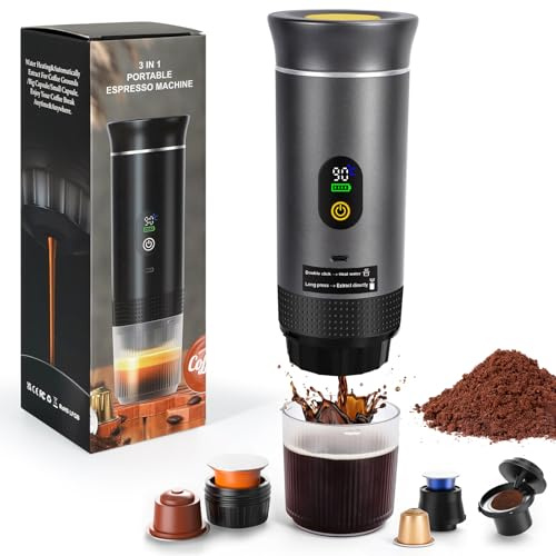 LAMA Portable Coffee Maker with LED Display, 3 In 1 Electric Travel Espresso Machine for 4-5 min Self-Heating, Large Capsules, Small Capsules, Ground Coffee for Camping, RV, Office, Home Grey