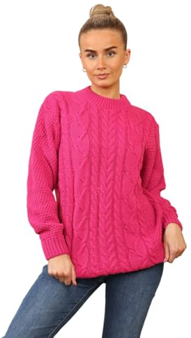 Stylo Online Ladies Cable Knit Jumper – Women Chunky Knitted Crew Neck Oversized Vintage Pullover Sweater Long Sleeve | Warm Winter Casual Top -UK Made-(Fuchsia Medium-Large)
