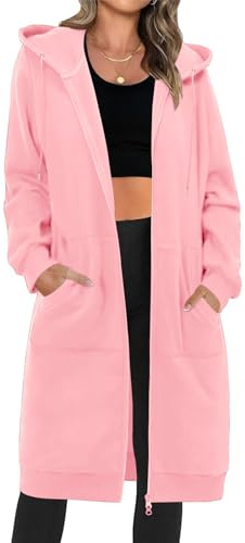 Tuopuda Lång huvtröja för kvinnor med dragkedja huvtröja jacka långärmad höst vinter tröja sweatjacka tröjor huvtröja streetwear kofta med fickor, ROSA, S