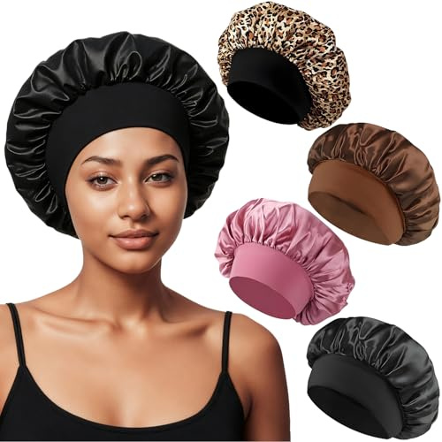 Lot de 4 bonnets en soie YAWYO pour dormir, bonnet de nuit en satin avec bande élastique pour cheveux longs, lisses ou bouclés, pour femmes et filles (Marron, Imprimé Léopard, Rose Foncé, Noir)