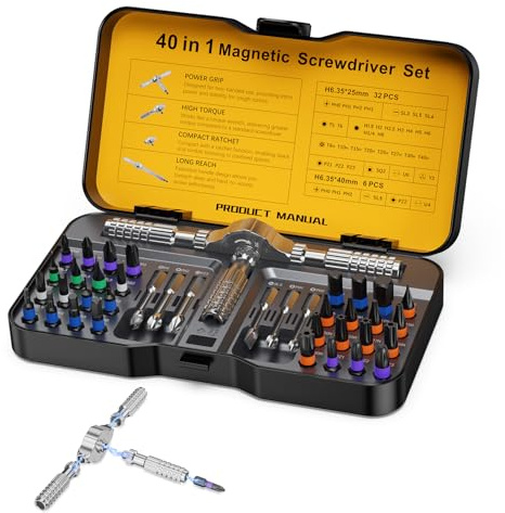 ORIA Juego de Destornilladores Magnéticos 40 en 1, Destornillador de carraca con Manija en T y Estuche de Almacenamiento, Kit de Reparación de Precisión para Montaje de Muebles, Reparación
