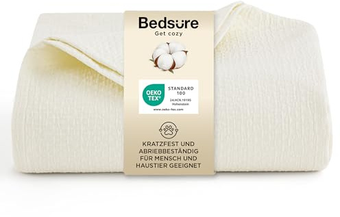 Bedsure Manta Sofa 100% Algodón - Blanco, 150x200 cm, Apto para Mascotas