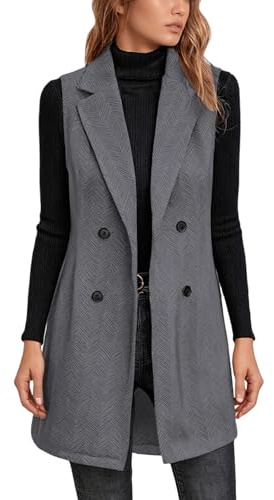 Generisch Chaleco largo y elegante para mujer, chaleco de traje, sin mangas, chaqueta de invierno, cárdigan de doble botonadura, chaleco de invierno monocolor, longitud media, abrigo de invierno, sin