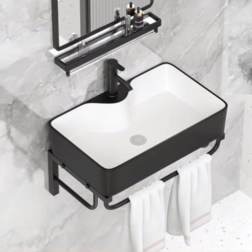 Español Lavabo De Encimera Moderno para Baño, Lavabo De Esquina Blanco De Cerámica De Porcelana, Lavabo De Tocador para Baño con Grifo De Agua Caliente Y Fría, Black, 55 * 30cm/22 * 12in