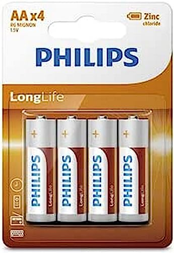 PHILIPS AA Batteries 4 Pieces - R6L4B10 - Zinc Chloride Technology - 3 Year Shelf Life