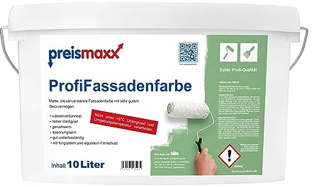Preismaxx Profi Fassadenfarbe, weiß, 10 Liter, matte, wasserabweisende Aussen-Dispersion, hohe Wasserdampfdurchlässigkeit