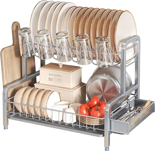 Egoutoire Vaisselle Cuisine 2 Niveaux, INOX Égouttoir Vaisselle sur Evier avec Porte-Gobelets et Porte-Ustensiles, Grande Séchoir à Vaisselle Rangement Vaisselle, Argenté