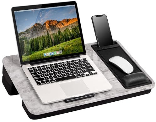 LAPGEAR Extra Large Adjustable Lap Desk with Gel Wrist Rest, Mouse Pad, Phone Holder, Device Ledge, and Booster Cushion - White Marble - Fits up to 17.3 Inch Laptops - Style No. 88101