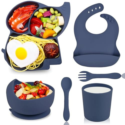 Hoseay Baby Geschirrset Silikon 6 Stücke Kindergeschirr Set Rutschfester Kinderteller mit Saugnapf Teller Schüssel Löffel Gabel Lätzchen Becher BPA Frei Babygeschirr für Kleinkinder Junge, Blau