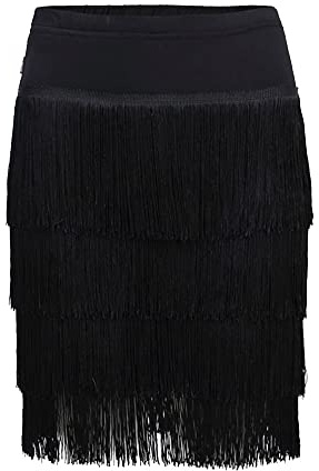 Mujer Profesional Falda de Tango de Salsa Latina de Baile con Flecos Falda Irregular con borlas de Cuatro Capas Minifalda Flamenca Festival Rumba con Pantalón Corto Negro