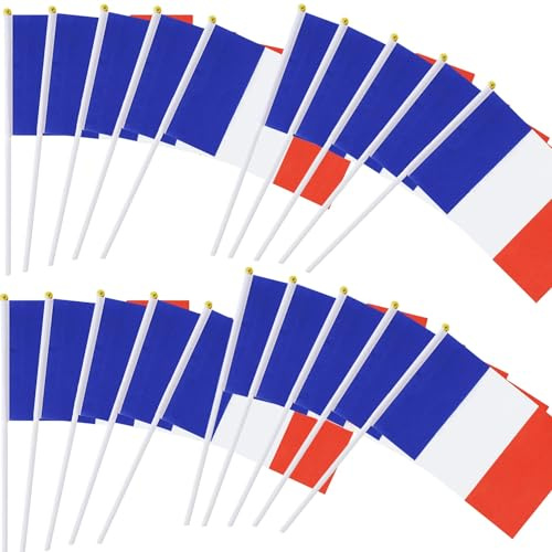 Lot de 20 Petit Drapeau France avec Baton Mini Drapeau Français Tricolore Tenus à Manivelle Fanions Bleu Blanc Rouge Pour Fête Bar Célébration Matchs de Football Evénement Sportif Jardin Décoration