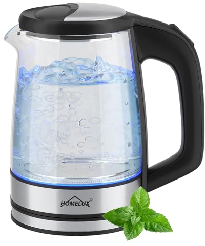 HOMELUX Wasserkocher Glas 1500 Watt 1,8 Liter, Electric Kettle Mit Led-Beleuchtung, Glas wasserkocher Edelstahl, Wasser Kocher Bpa Frei, 360° Basis, Abschaltautomatik Trockenschutz