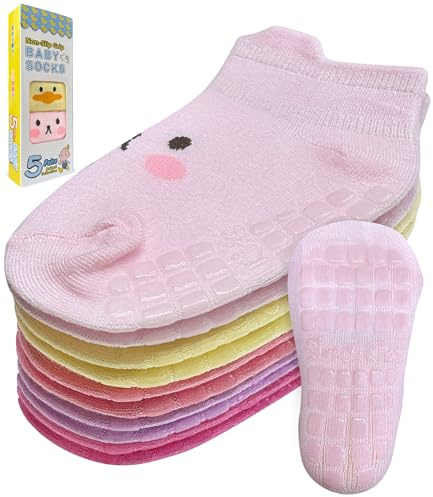 (5 Pairs) Toddler Socks with Grippers - Non Slip Baby Socks 6-12 12-24 Months 2t-3t 4t-5t Anti Slip Ankle Grip Cotton Boy Girl Infant Kid Child 3 Year Old White Grippy Calcetines Antideslizantes Bebe