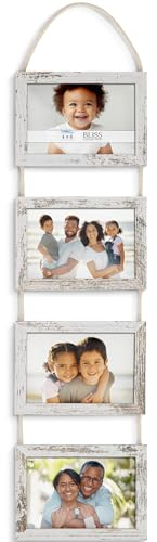 Icona Bay 6x4 Wall Hanging Picture Frames Collage w/ 4 Openings (Distressed White), Casual Style Wood Composite Frames, Wall Mount Only, Bliss Collection