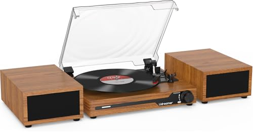 Udreamer Plattenspieler mit 2 Dual-Stereo-Lautsprechern, Vintage Plattenspieler Bluetooth 5.3 unterstützt 3 Geschwindigkeiten, AUX-In, Cinch-Line, USB, kabellose Wiedergabe, Gelb