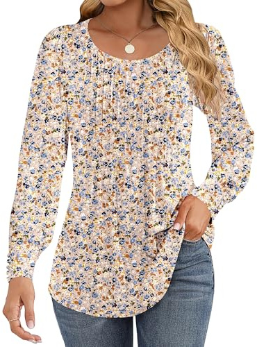 Cuptacc Chemisier Femme Manche Longue Collar Rond Tee Shirt Femme Puff Sleeve Boutons Pull Fleurs Blanches et Brunes XL 48-50