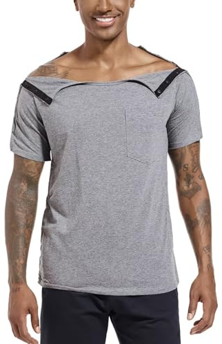 Landofgenie T-Shirt Sportif Homme Post-Opération Épaules - Vêtement Médical à Boutons-Pression pour Chimiothérapie, Rééducation et Convalescence Gris XL