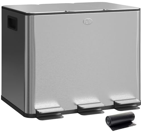 HOMCOM Cestino per rifiuti da cucina a 3 scomparti 3x10L Cestino per rifiuti da cucina in acciaio inox con pedali Coperchi a chiusura ammortizzata e contenitore per rifiuti alimentari rimovibile