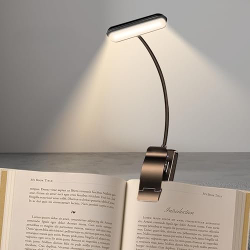 YverLand Luz lectura de libro con pinza de 5 leds, cuello flexible ajustable 360º, batería larga duración recargable USB, Lámpara portátil noche cama escritorio infantil estudiar (Bateria Recargable)