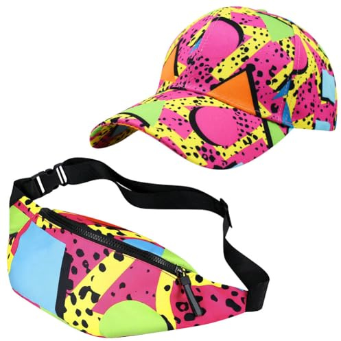 KABAKE Lot de 2 casquettes rétro des années 80 et 90 pour homme et femme - Sac banane fluo - Pour fête sur le thème des voyages, rose, taille unique