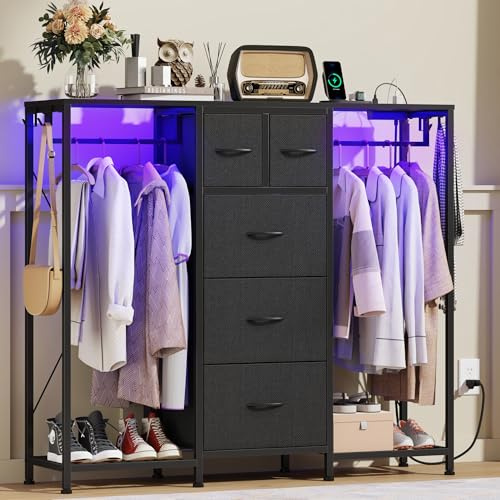 HIGDBFE 49.2”W Dresser with 2 Hanging Racks, 5 Drawers Dresser with LED Lights & Charging Station, Dressers with Clothes Rack, Shoe Racks and Side Hooks, TV Stand Chest of Drawers for Bedroom, Black