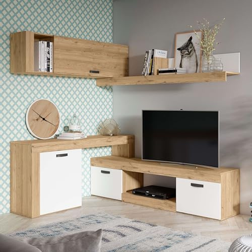Miroytengo Mueble Salón Modular Rinconero Conjunto Completo Mueble TV Argos 4 Módulos Blanco Mate y Roble Naturale 293x200x40 cm
