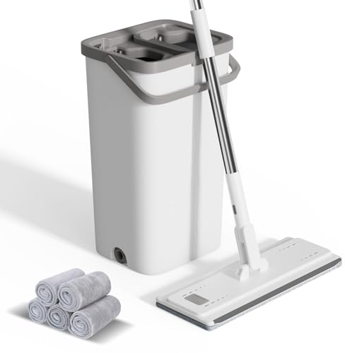 Eukue Wischmopp Set mit Eimer, Wischmopp Set mit Langem Edelstahl Griff und 5 Mikrofaser Pads, 2 in 1 Putzeimer mit Wischmop, Hand-Frei Wischer Boden für Alle Böden, Weiß