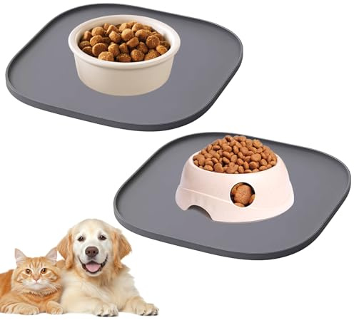 EXIN DEHCEN 2er-Set Wasserfeste Silikon Futtermatte für Hunde und Katzen, 26x26 cm Quadratisches Futtertablett rutschfeste, Napfunterlage Katzen, Napfunterlage Hund, für Haustiere (Dunkelgrau)
