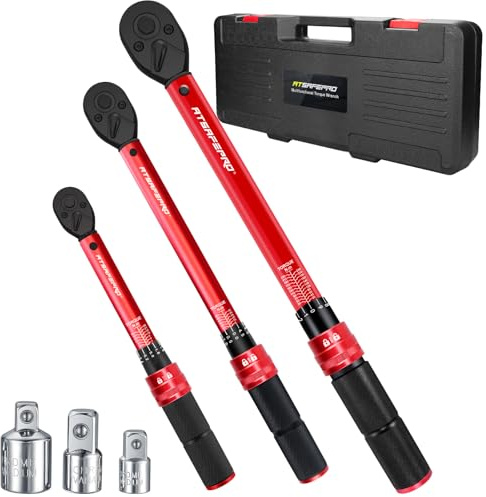 ATsafepro 6 Delar Momentnyckelset 1/4, 3/8, 1/2, Justerbara Momentnycklar 1-25Nm, 5-60Nm, 20-230Nm Med 72-Tands Ratt, ±3% Noggrannhet & 3 Adaptrar för Motorcykel, Bil, Cykel