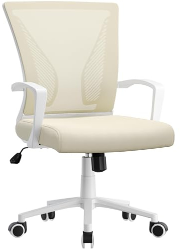 Yaheetech Kontorsstol ergonomisk, skrivbordsstol med nätspänning, arbetsstol med armstöd, chefsfåtölj av nät, höjdjusterbar datorstol 136 kg, andas, gungfunktion, beige