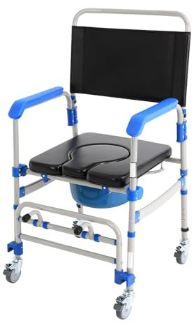 Silla de inodoro para personas mayores, plegable con ruedas, capacidad de carga de 125 kg y 4 ruedas de freno, altura ajustable (41-49 cm), para personas mayores y personas con movilidad reducida