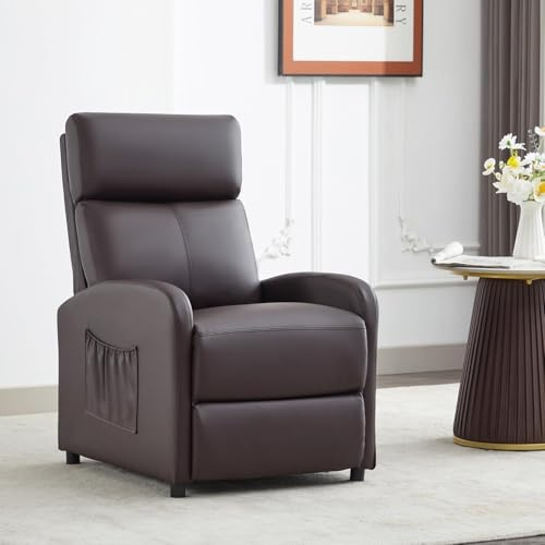 mcc direct Linen Fabric Push Back Recliner, Single Pushback Sofa Chair with Lumbar Support, Padded Backrest, Side Pocket & Adjustable Footrest for Living Room & Home Theater (Brown)