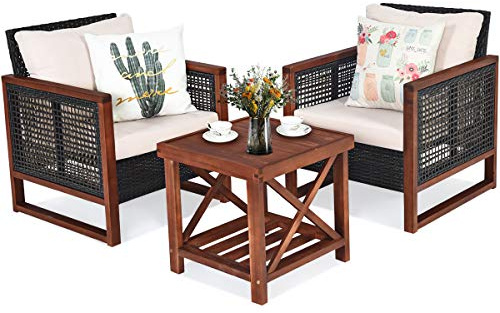 Tangkula 3 Pieces Patio Wicker Furniture Set, Rattan Outdoor Sofa Set w/Washable Cushion & Acacia Wood Coffee Table, Conversation Bistro Set for Garden Balcony Backyard (Beige)
